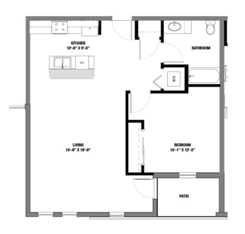 Floor plan for 1 bed, 1 bath, 730 sqft